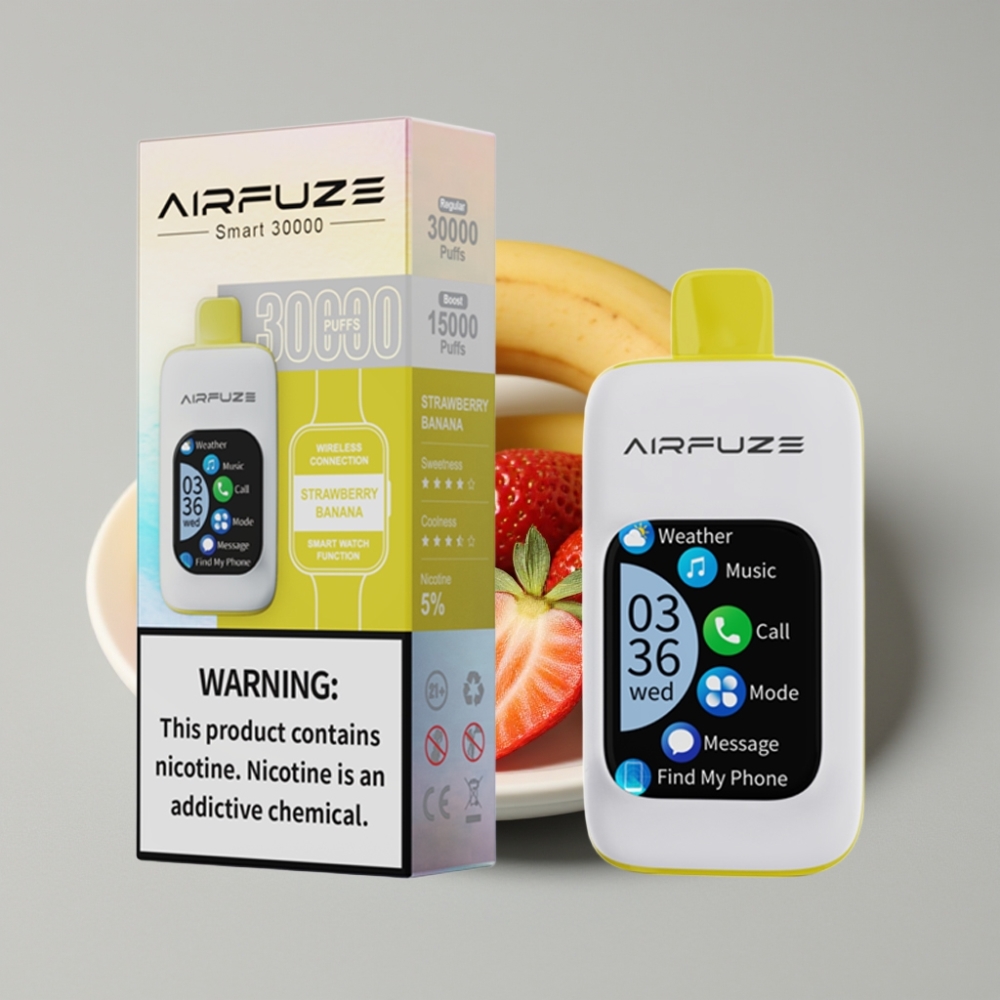 AirFuze Smart 30000 Puffs Disposable Vape Morango Banana com Tela Touch 2.01\" e Tipo-C