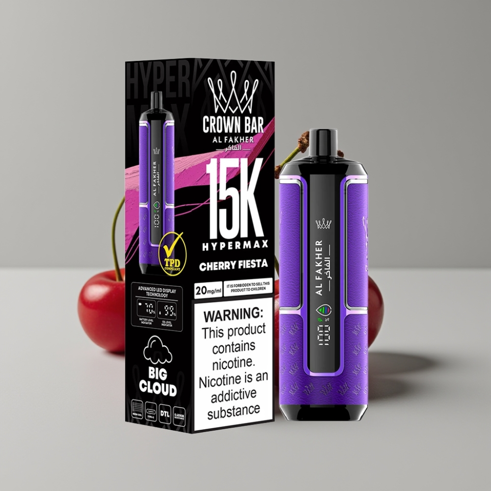 Al Fakher Crown Bar 15K Hypermax Disposable Vape Kit Festa de Cereja – 22ml, 15K Puffs, 6mg/ml, USB-C