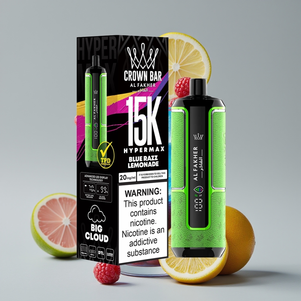 Al Fakher Crown Bar 15K Hypermax Disposable Vape Kit Framboesa Azul Limonada - 22ml, 15.000 Tragos, 6mg/ml
