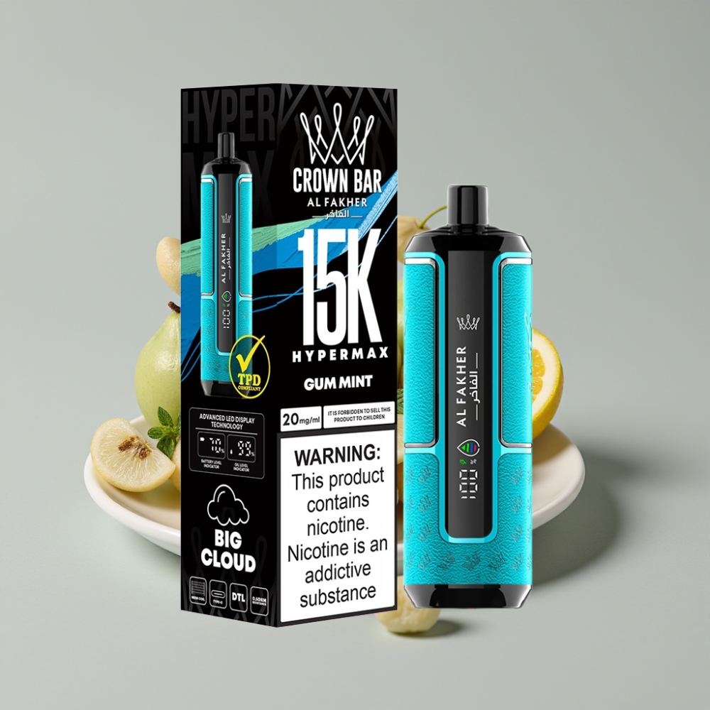 Al Fakher Crown Bar 15K Hypermax Disposable Vape Kit Hortelã Goma – 22ml, 15.000 Tragadas, 6mg/ml, USB-C