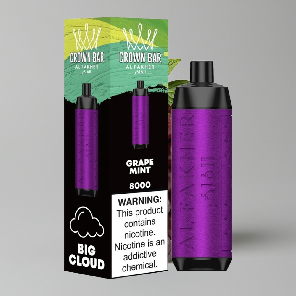 Al Fakher Crown Bar 8000 Crystal Disposable Vape Uva Menta com Bateria 600mAh e 8000 Tragadas