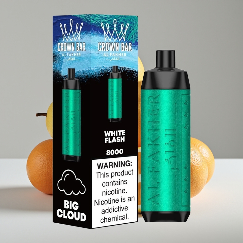 Al Fakher Crown Bar 8000 Crystal Vape Descartável Flash Branco - 18ml, 5mg Nicotina, 8000 Tragadas