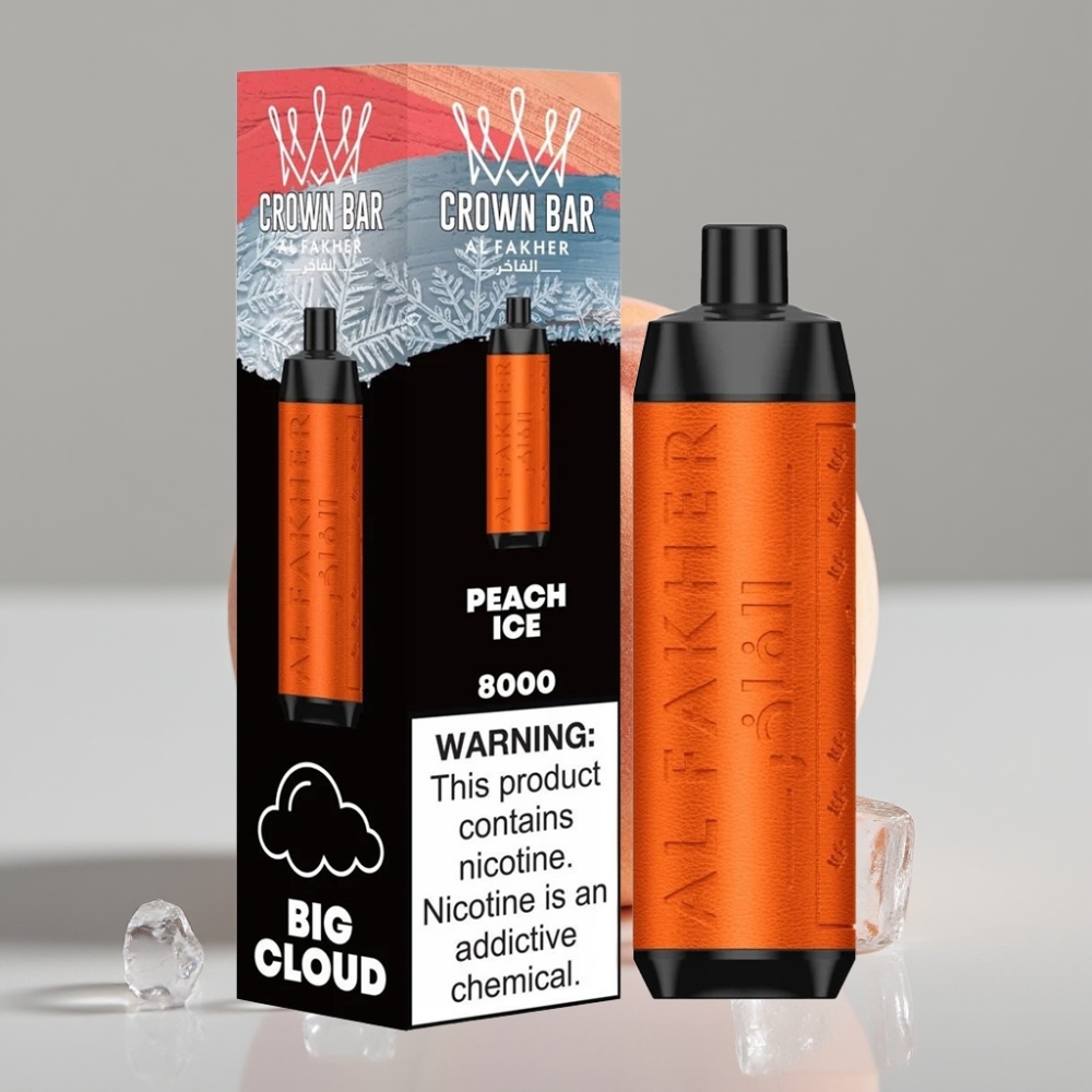 Al Fakher Crown Bar 8000 Crystal Vape Descartável Pêssego Gelo - 18ml, 5mg, 8000 Tragadas, USB-C
