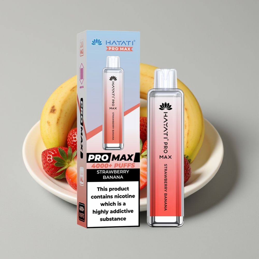 Hayati Pro Max 4000 Puffs Disposable Vape Morango Banana com LED, 1400mAh, Recarregável