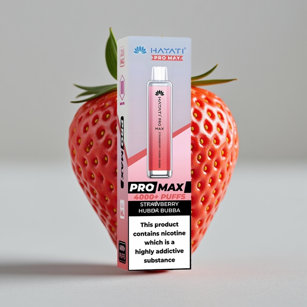 Hayati Pro Max 4000 Puffs Disposable Vape Morango Hubba Bubba com Bateria Recarregável 1400mAh e LED
