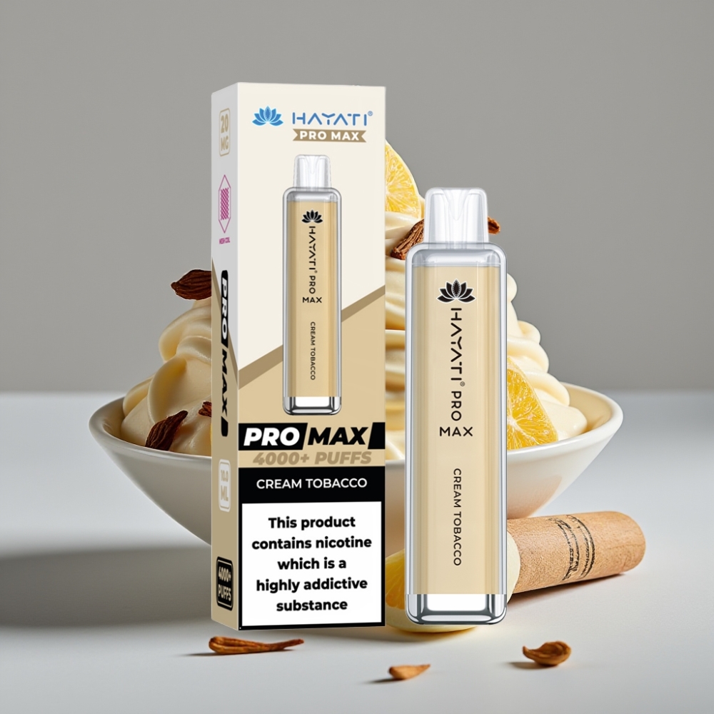 Hayati Pro Max 4000 Puffs Vape Descobrável Sabor Creme Tabaco com Bateria Recarregável e LED