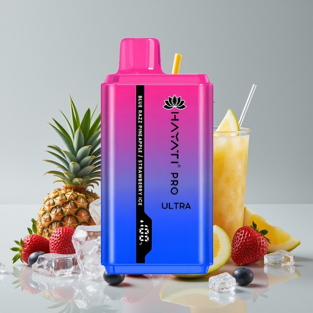 Hayati Pro Ultra 15000 Puffs Vape Dispositivo Sabor Framboesa Azul Abacaxi Morango Gelo, 850mAh, 2×12ml, 2% Nicotina