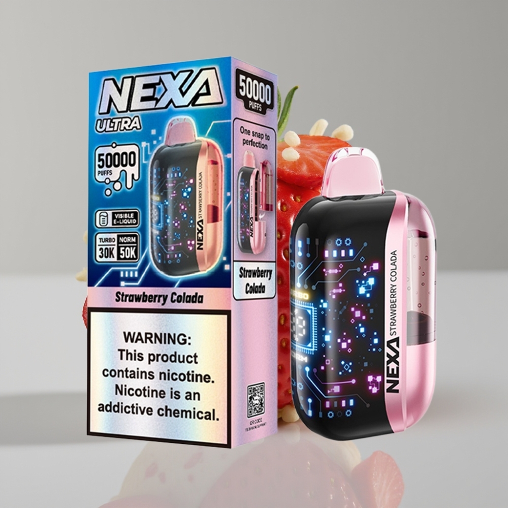 NEXA Ultra 50K Disposable Vape 20ml 5% Nicotine Morango Colada Tela 3D Curva Carregamento Type-C