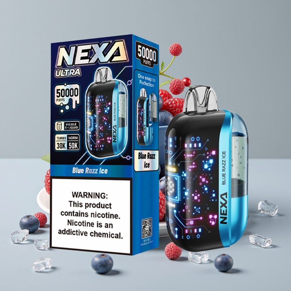 NEXA Ultra 50K Disposable Vape 20ml Tela 3D Carregamento Type-C Sabor Framboesa Azul Gelo