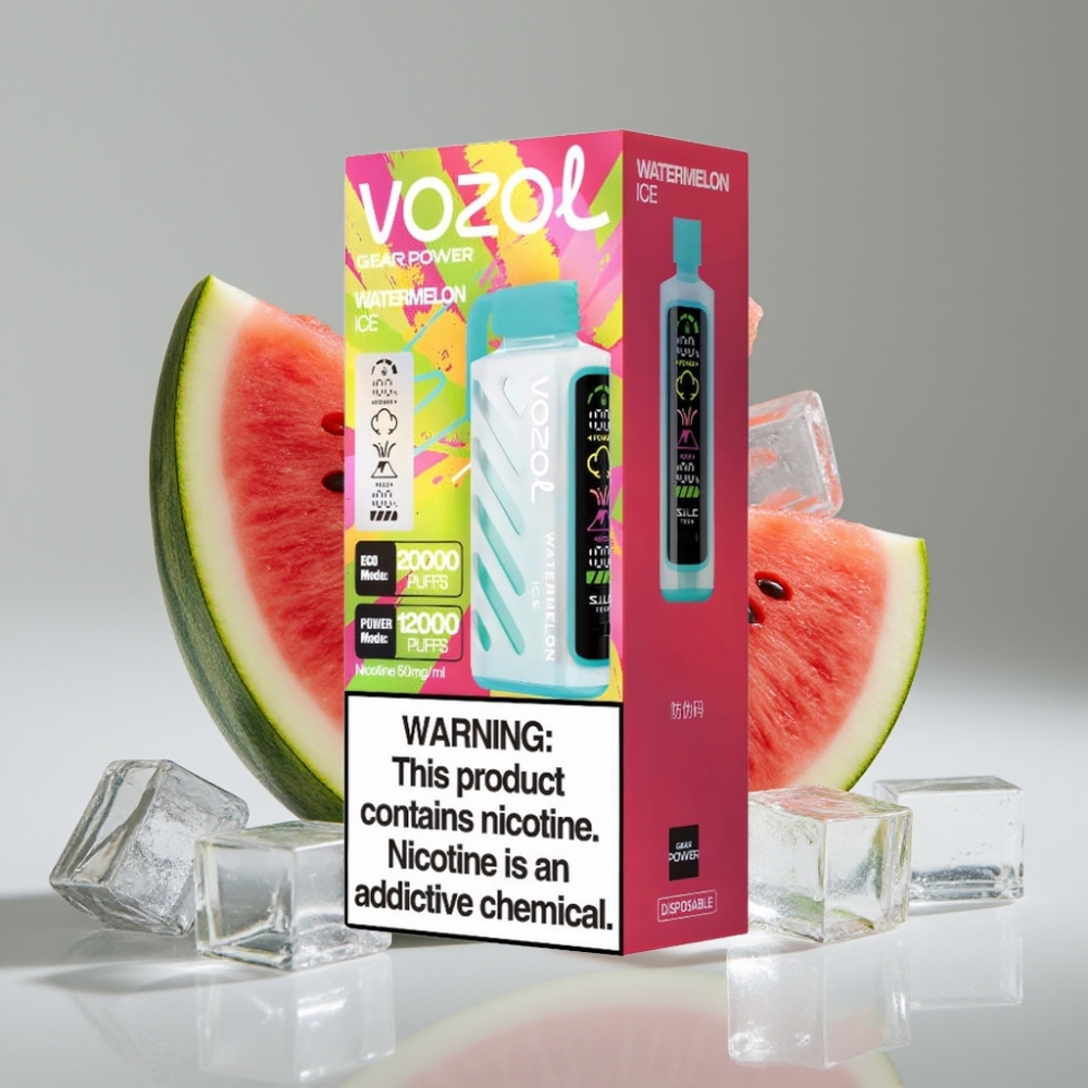 VOZOL Gear Power 20000 Puffs Disposable Vape Melancia Gelo com S.i.L.C. Tech, Dual Mesh Coil e Tela Inteira