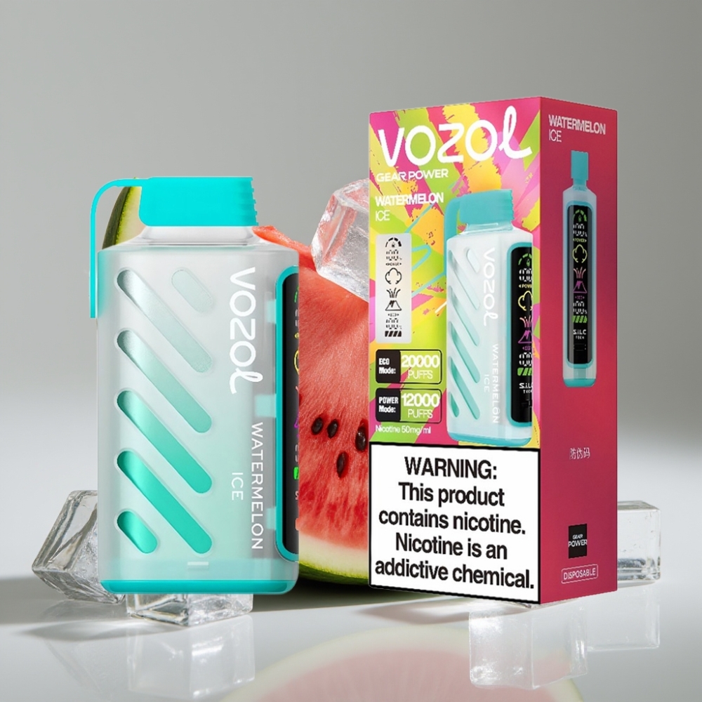 VOZOL Gear Power 20000 Puffs Disposable Vape Melancia Gelo com S.i.L.C. Tech, Dual Mesh Coil e Tela Inteira