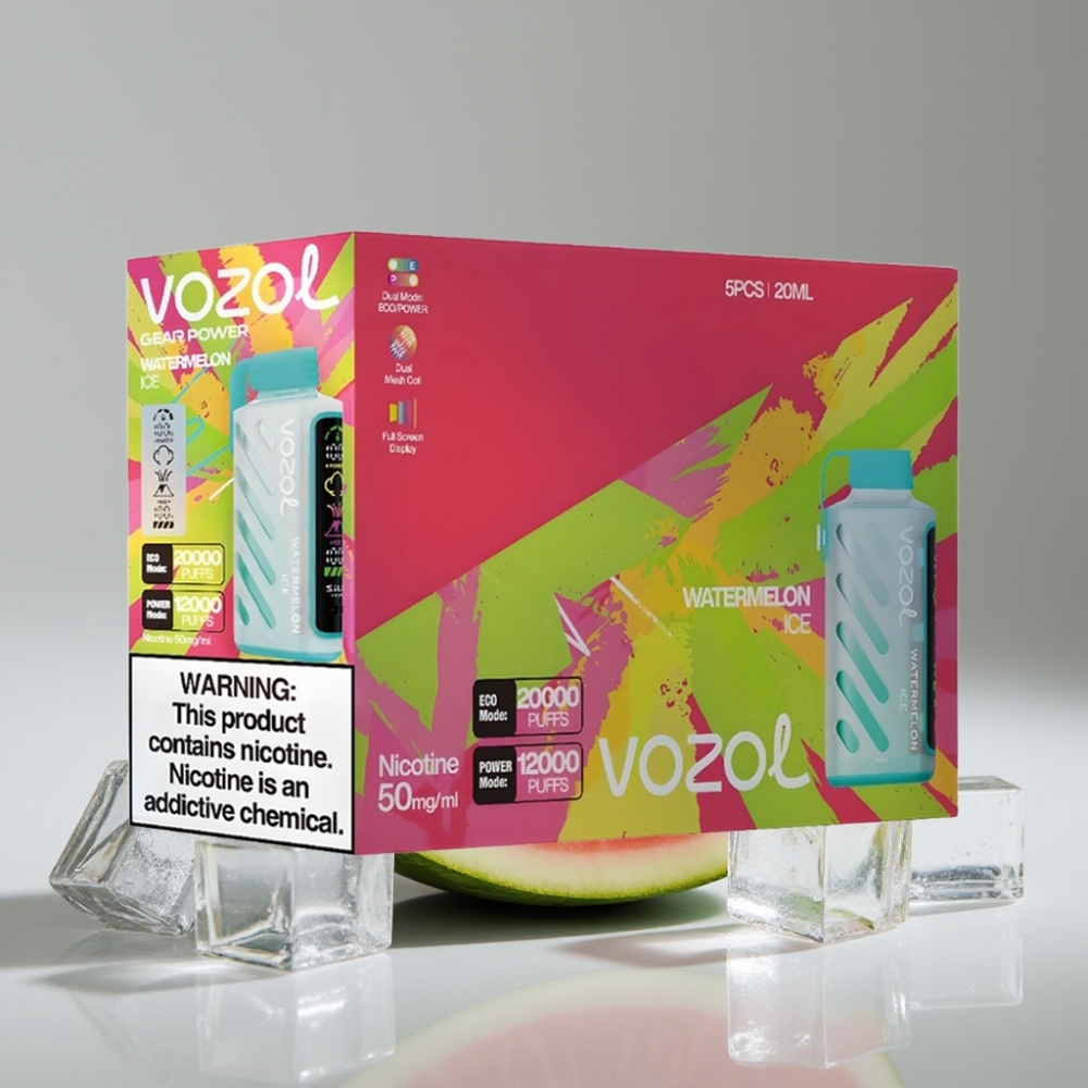 VOZOL Gear Power 20000 Puffs Disposable Vape Melancia Gelo com S.i.L.C. Tech, Dual Mesh Coil e Tela Inteira