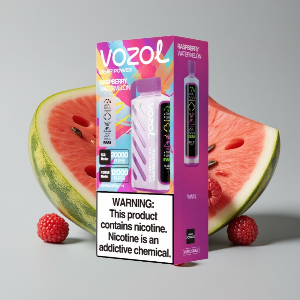 VOZOL Gear Power 20000 Puffs Vape Framboesa Melancia com S.i.L.C. Tech, Dual Mesh Coil e Tela Completa