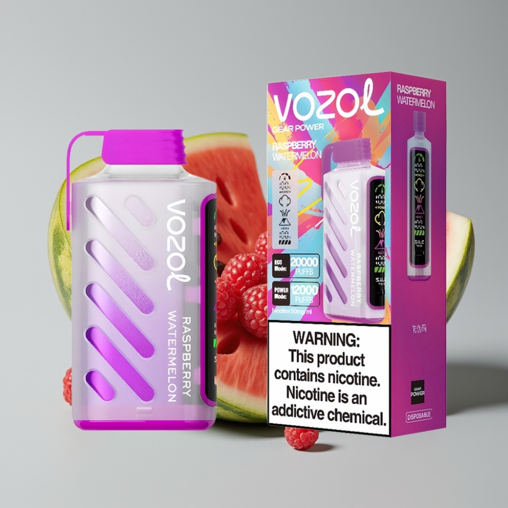 VOZOL Gear Power 20000 Puffs Vape Framboesa Melancia com S.i.L.C. Tech, Dual Mesh Coil e Tela Completa