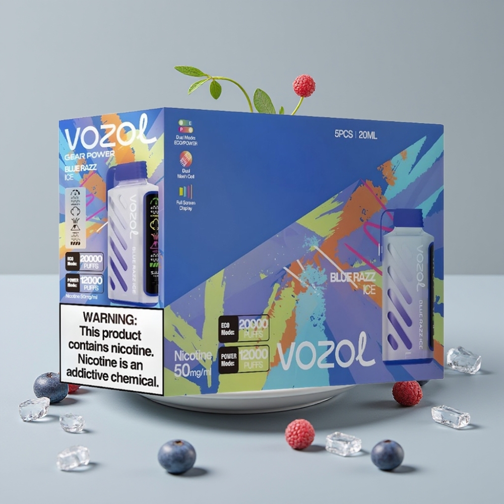 VOZOL Gear Power 20000 Puffs com S.i.L.C. Tech, Dual Mesh Coil e Sabor Framboesa Azul Gelo